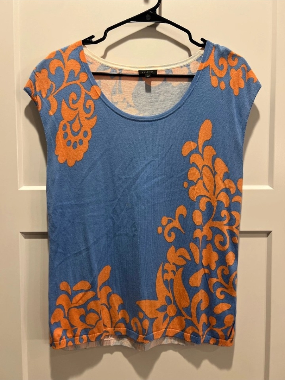 Talbots Blue Top with Orange Floral Motif